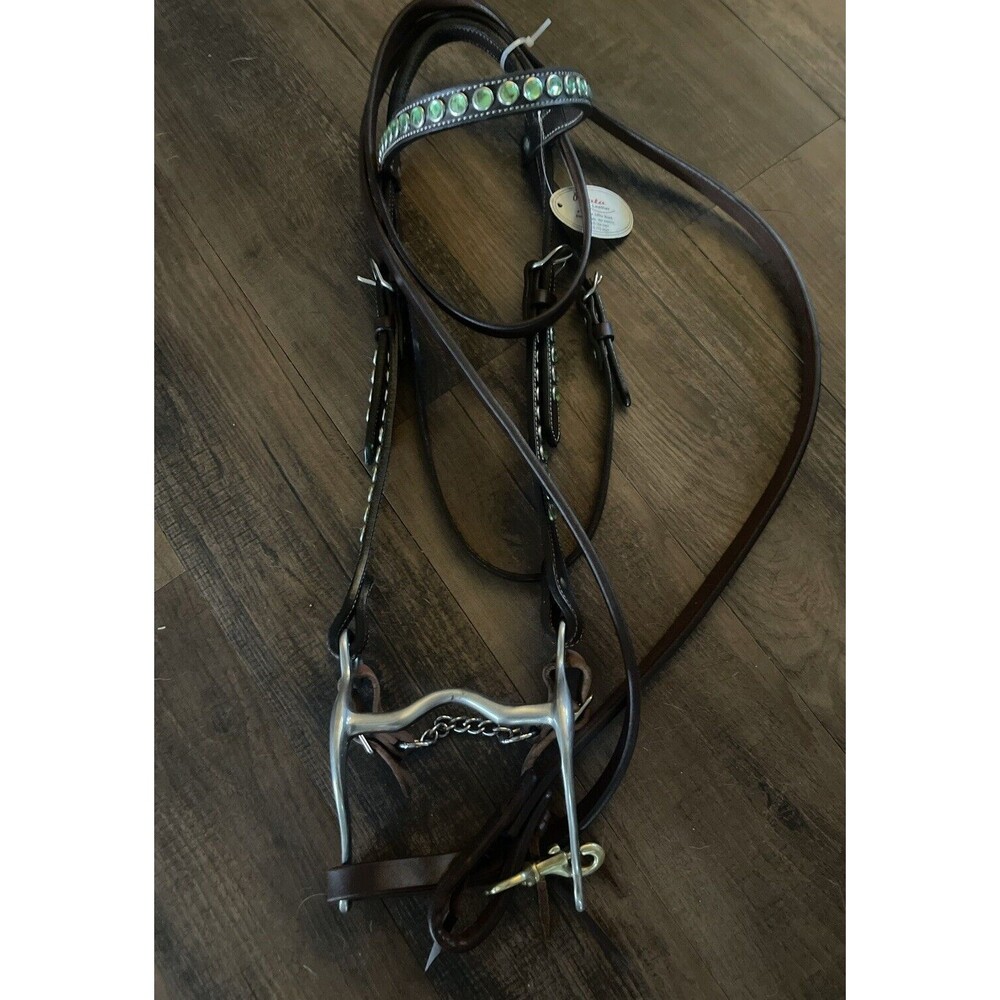 New With Tag Riata Green Jeweled Western Headstall,  Reins Used Bit